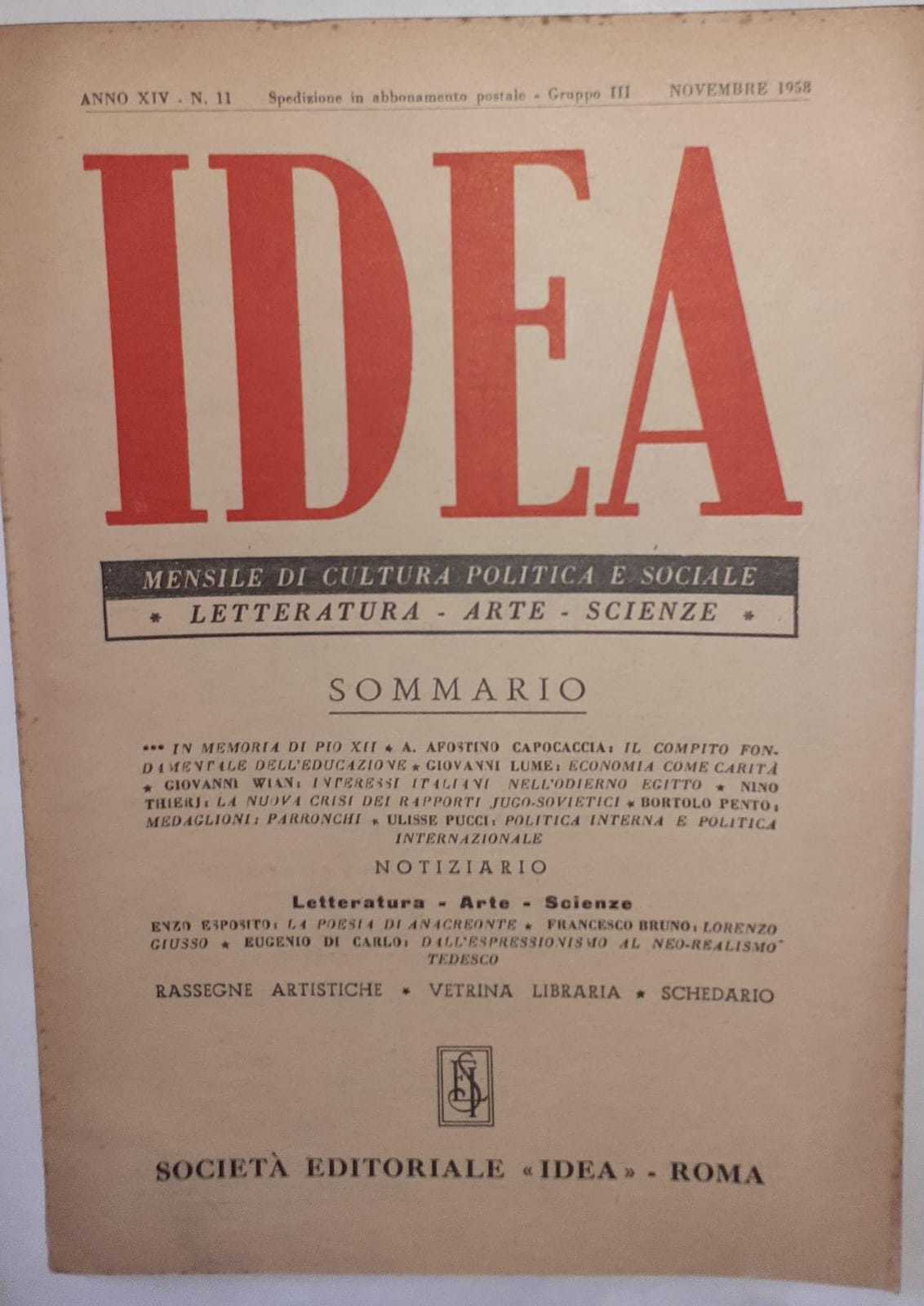 Idea. Mensile di cultura politica e sociale. Anno XIV - N.11 - copertina