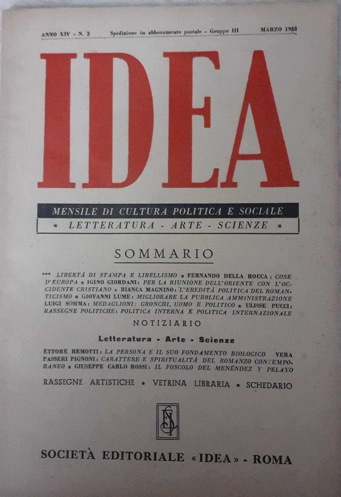 Idea. Mensile di cultura politica e sociale. Anno XV -N.3 - copertina