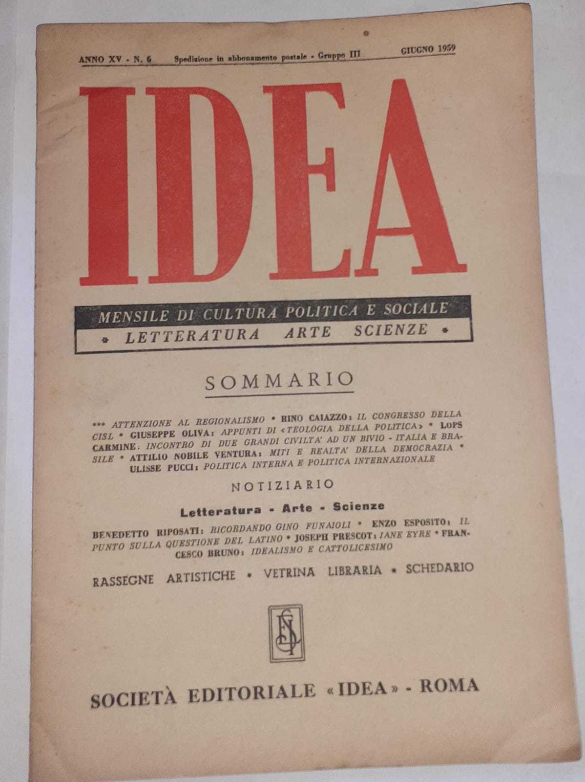 Idea. Mensile di cultura politica e sociale. Anno XV -N.6 - copertina