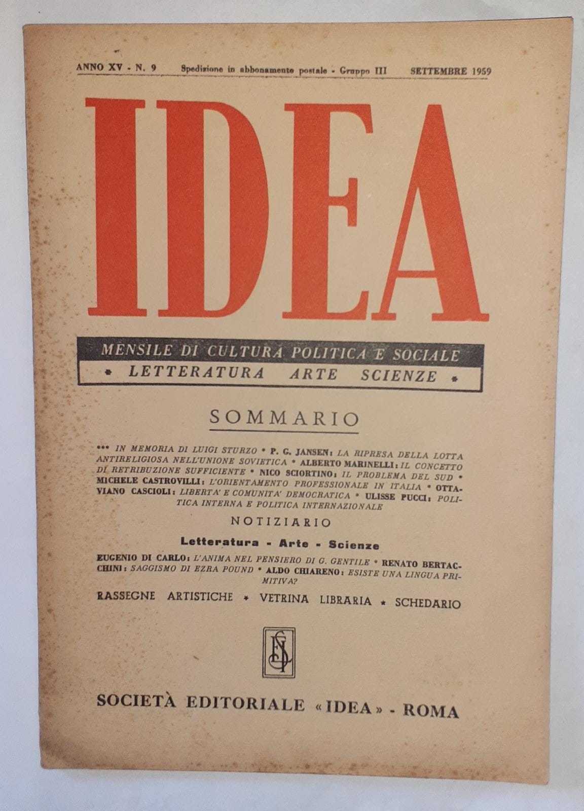 Idea. Mensile di cultura politica e sociale. Anno XV -N.9 - copertina