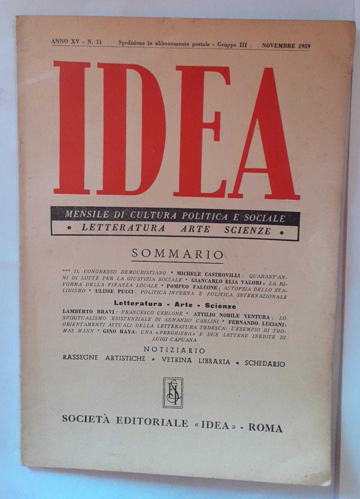 Idea. Mensile di cultura politica e sociale. Anno XV- N.11 - copertina