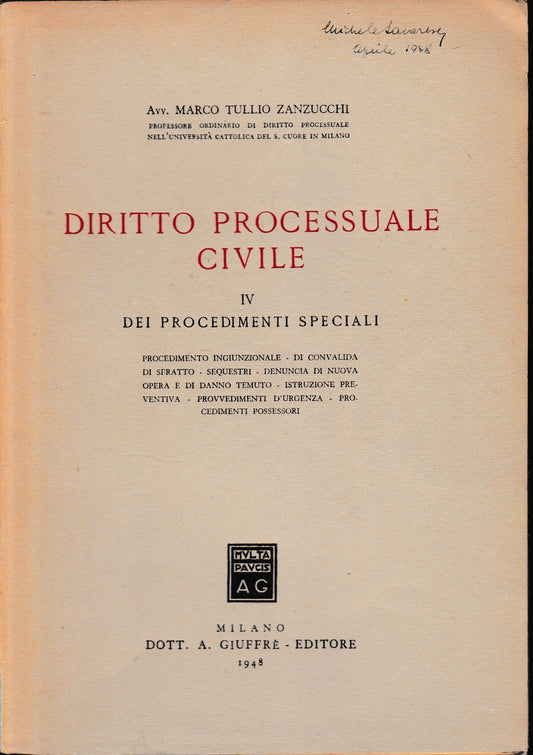 Diritto Processuale Civile, IV: dei procedimenti speciali. - copertina