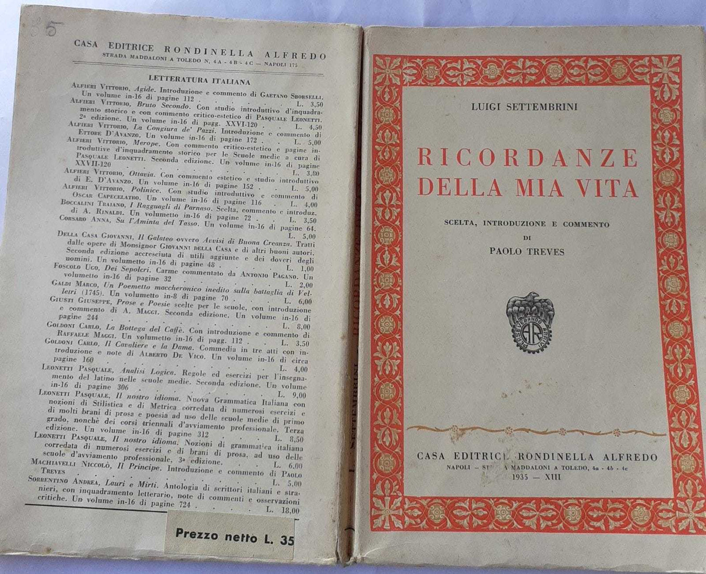 Ricordanze della mia vita. Scelta, introduzione e commento di Paolo Treves - copertina