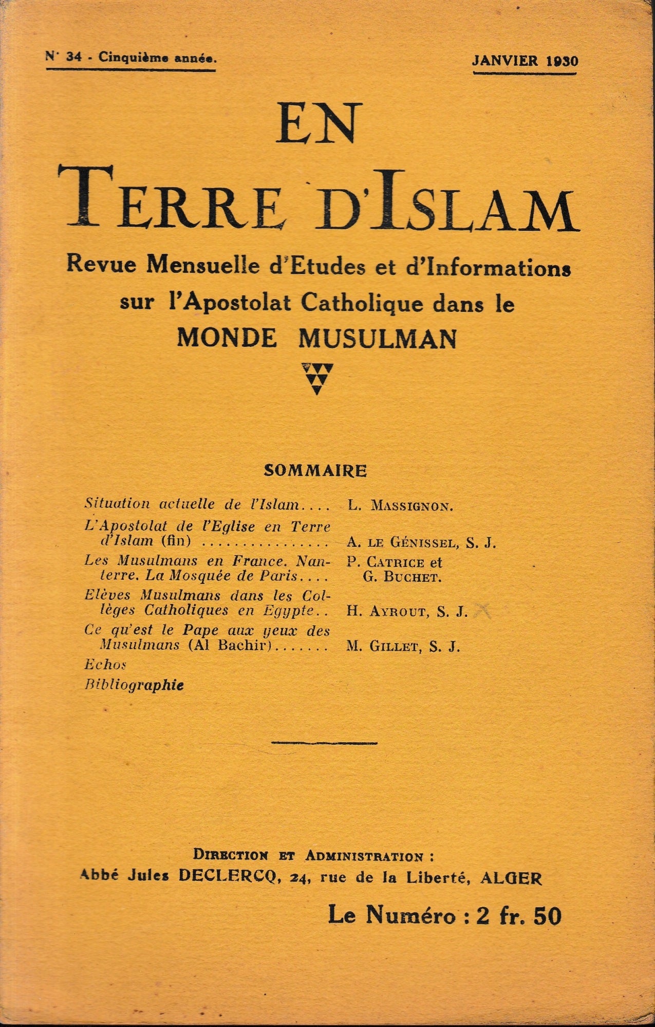 en Terre d'Islam. N. 34, Janvier 1930 - copertina