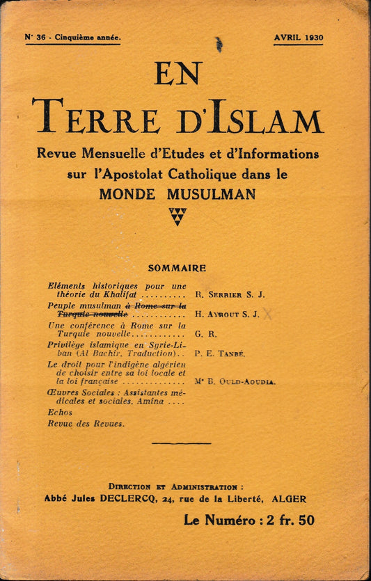 En Terre d'Islam. N. 36, Avril 1930 - copertina