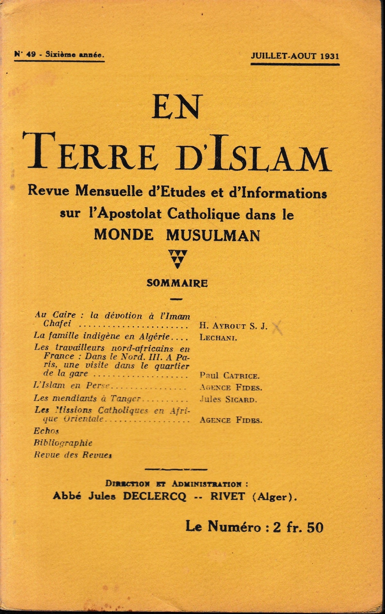 En Terre d'Islam. N. 49, Juillet-Aout 1931 - copertina