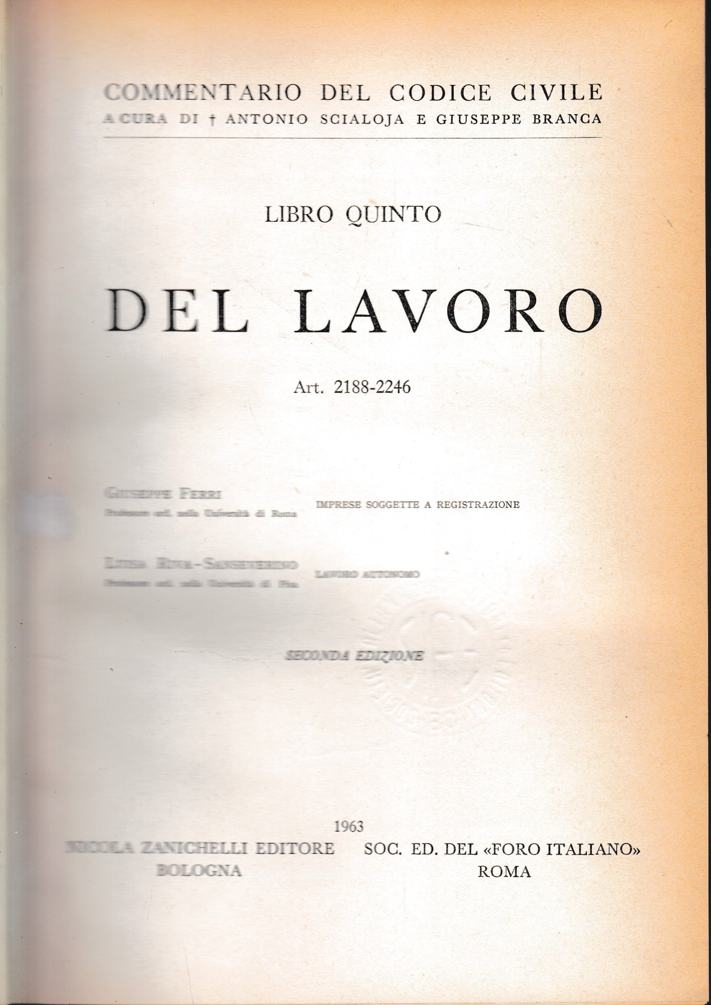 Commentario del Codice Civile, libro quinto. Del lavoro, art. 2188-2246 - copertina