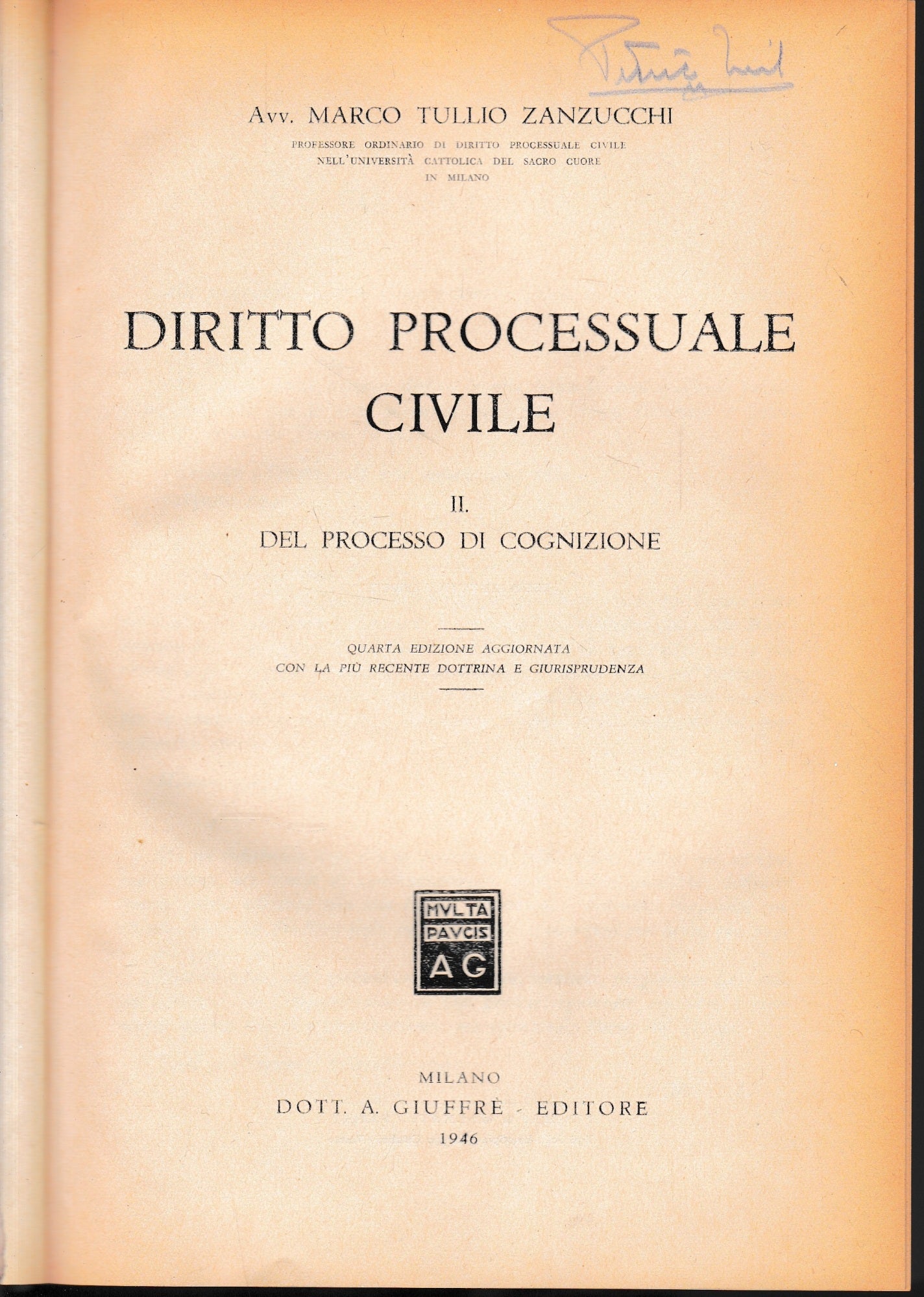 Diritto processuale Civile, vol. II°. Del processo di cognizione. - copertina