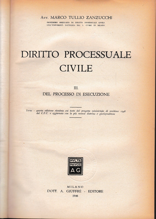 Diritto Processuale Civile, vol. III°. Del processo di esecuzione - copertina