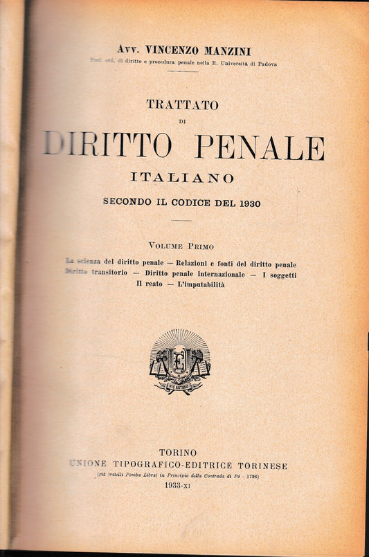 Trattato di Diritto Penale Italiano secondo il codice del 1930, vol. 1°. - copertina