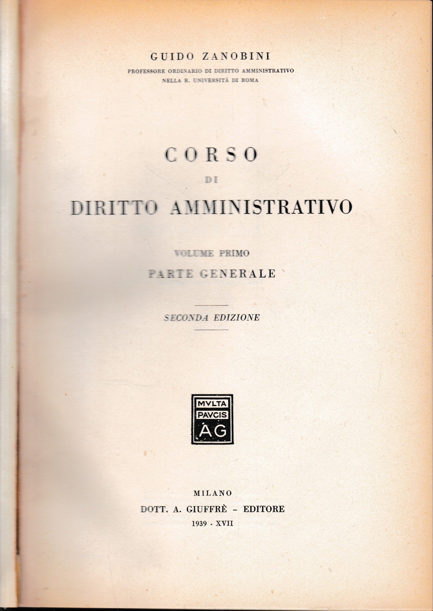 Corso di Diritto Amministrativo, vol. 1°, parte generale - copertina