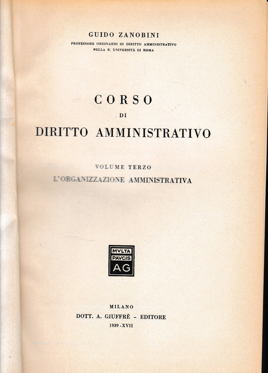Corso di Diritto Amministrativo, vol. 3°, l'organizzazione amministrativa - copertina