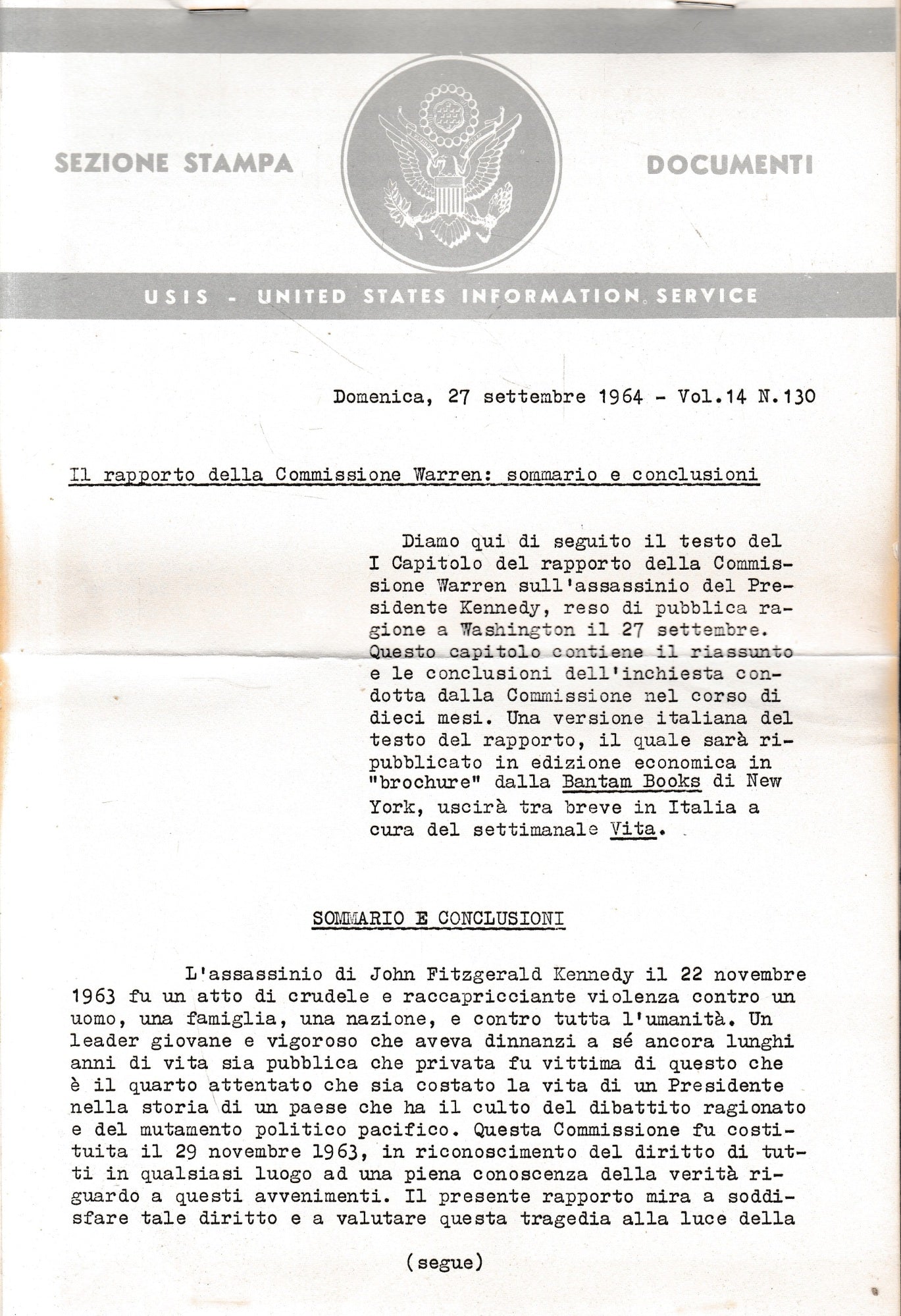 Il rapporto della commissione Warren. Sommario - copertina