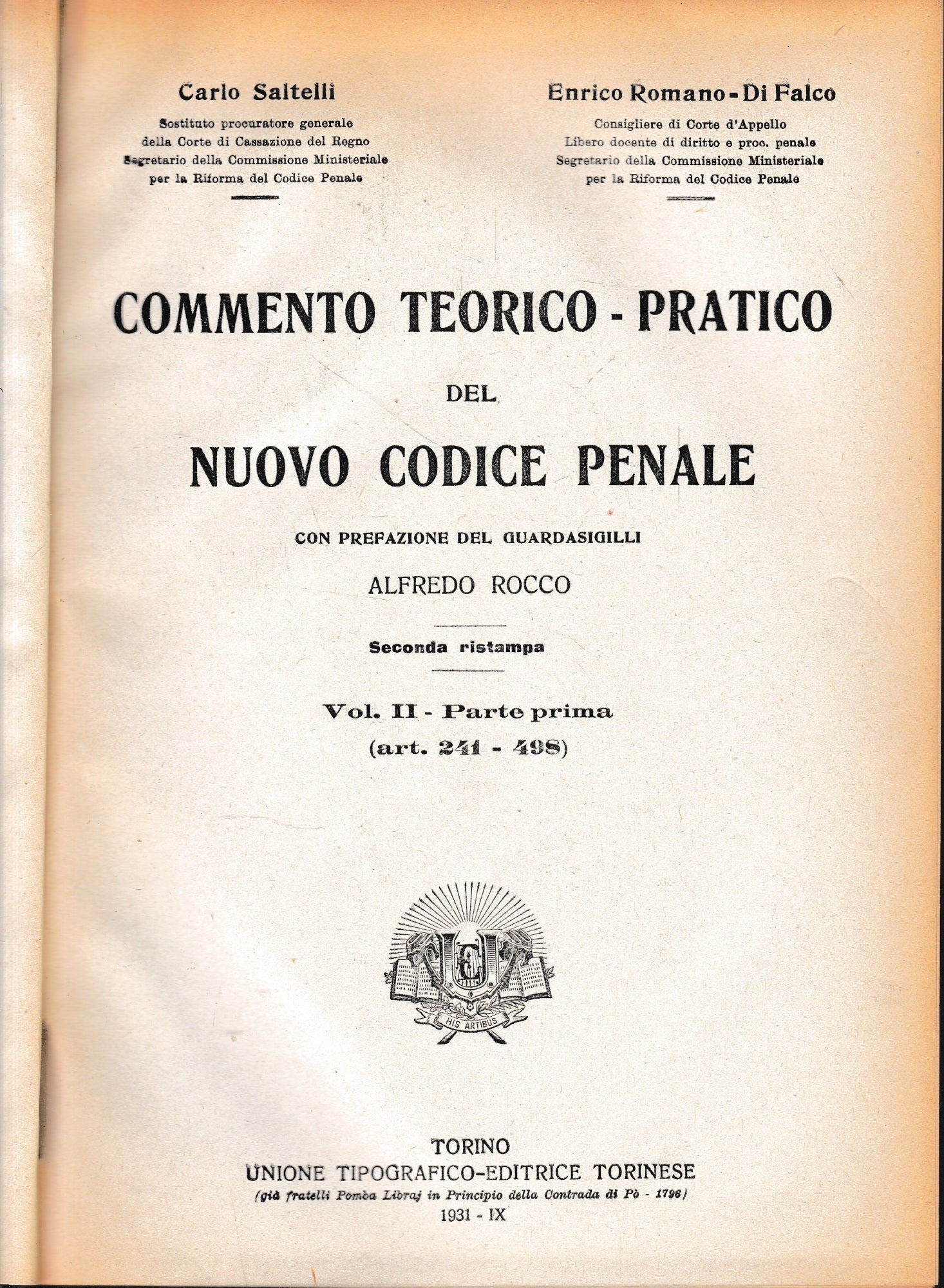 Commento teorico-pratico del nuovo codice penale, vol. 2- p. prima: art. 241-498 - copertina