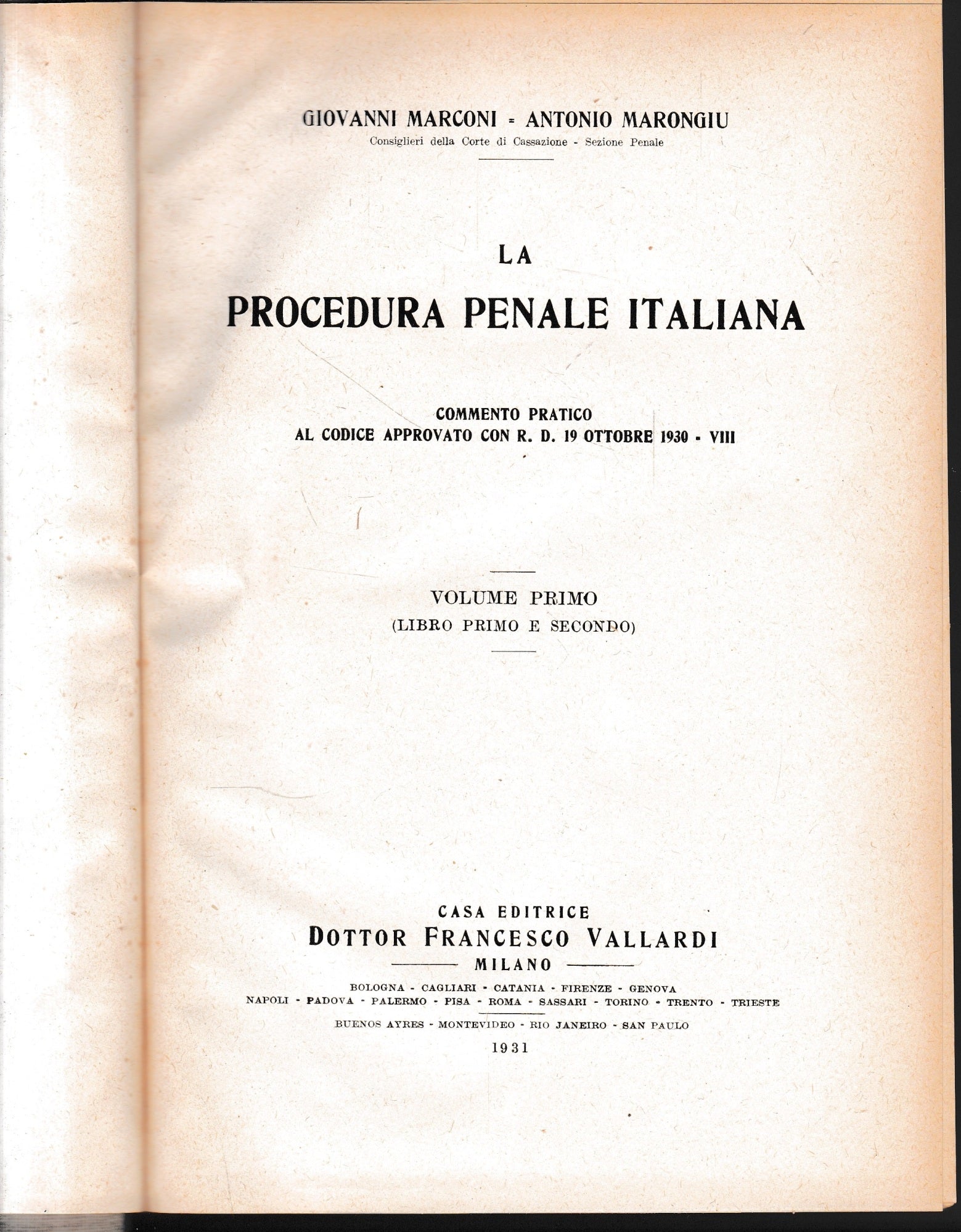 La procedura penale italiana, vol. 1, libro primo e secondo. - copertina