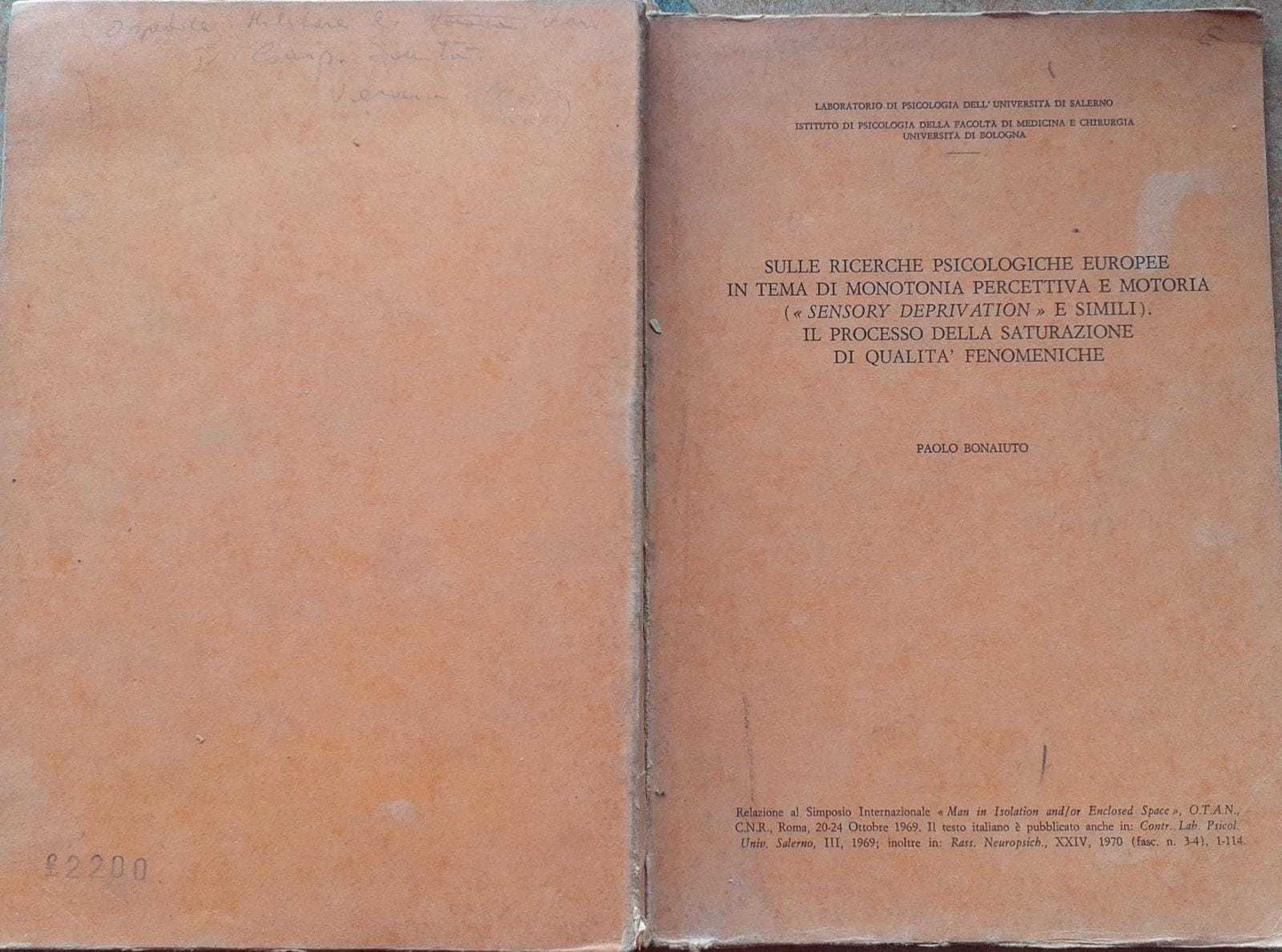 Sulle ricerche psicologiche Europee in tema di monotonia percettiva e motoria.. - copertina