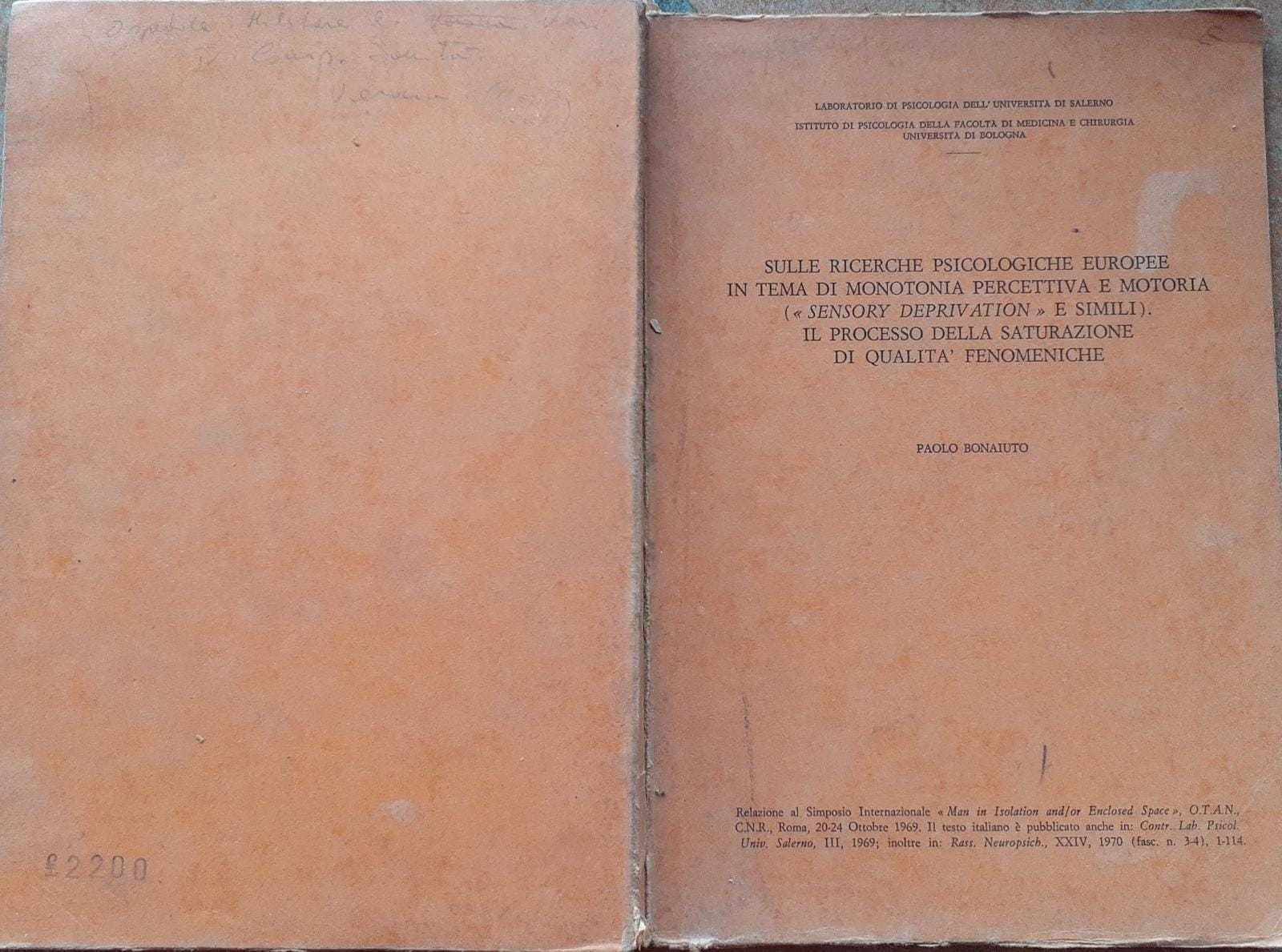 Sulle ricerche psicologiche Europee in tema di monotonia percettiva e motoria.. - copertina