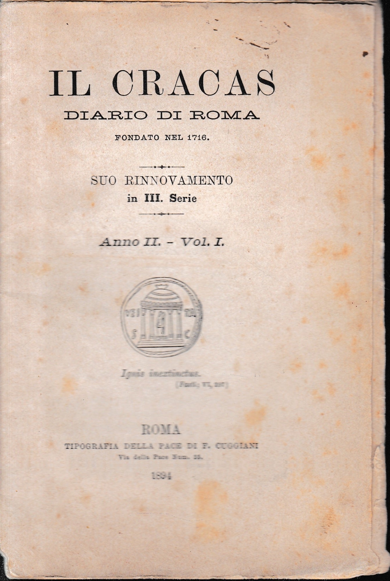 Il Cracas. Diario di Roma. Vol. 1. III serie, 7 Gennaio 1894. Anno II, n. 1 - copertina