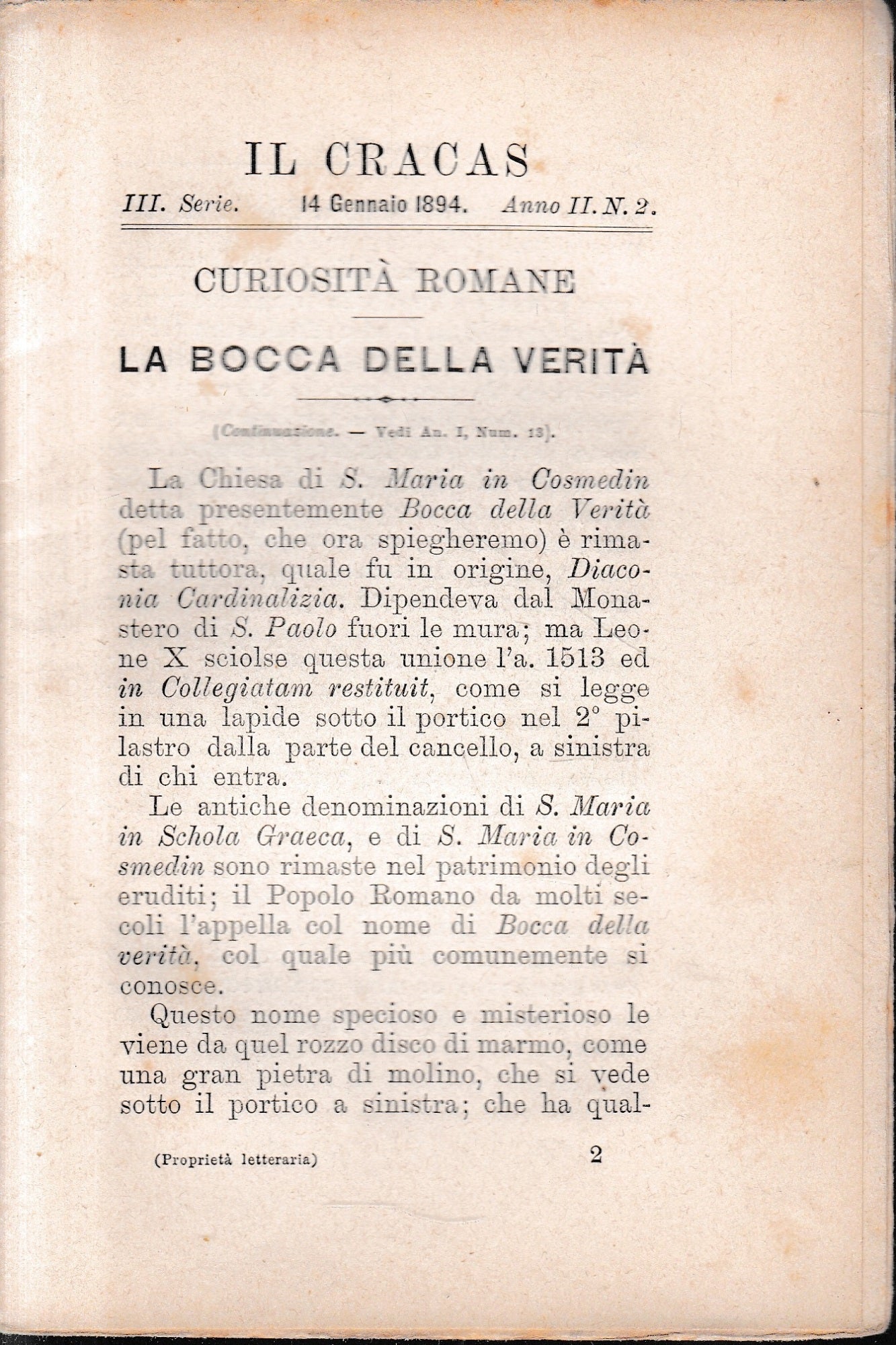 Il Cracas. Diario di Roma. Vol. 1.III serie, 14 Gennaio 1894. Anno II, n. 2. - copertina