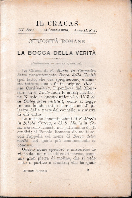 Il Cracas. Diario di Roma. Vol. 1.III serie, 14 Gennaio 1894. Anno II, n. 2. - copertina