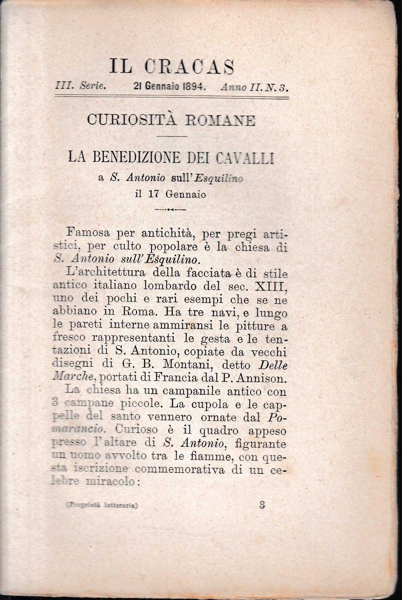 Il Cracas. Diario di Roma. Vol. 1. III serie, 21 Gennaio 1894, Anno II, n. 3 - copertina