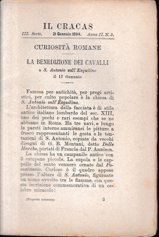 Il Cracas. Diario di Roma. Vol. 1. III serie, 21 Gennaio 1894, Anno II, n. 3 - copertina
