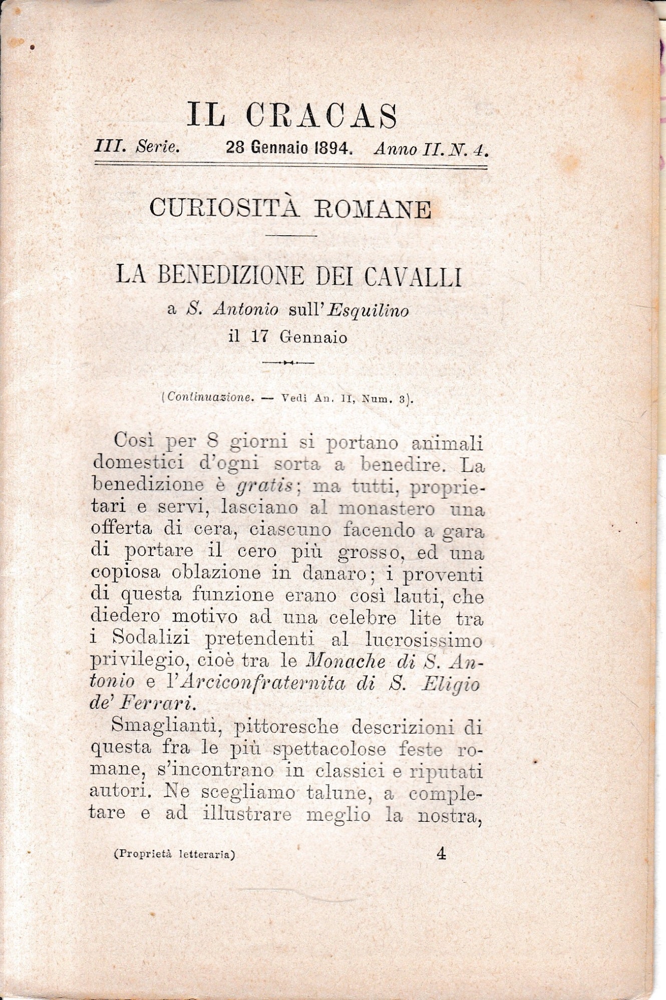 Il Cracas. Diario di Roma. Vol. 1. III serie. 28 Gennaio 1894, anno II, n. 4 - copertina