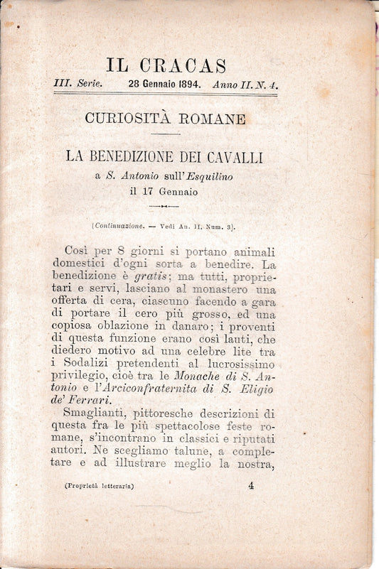 Il Cracas. Diario di Roma. Vol. 1. III serie. 28 Gennaio 1894, anno II, n. 4 - copertina