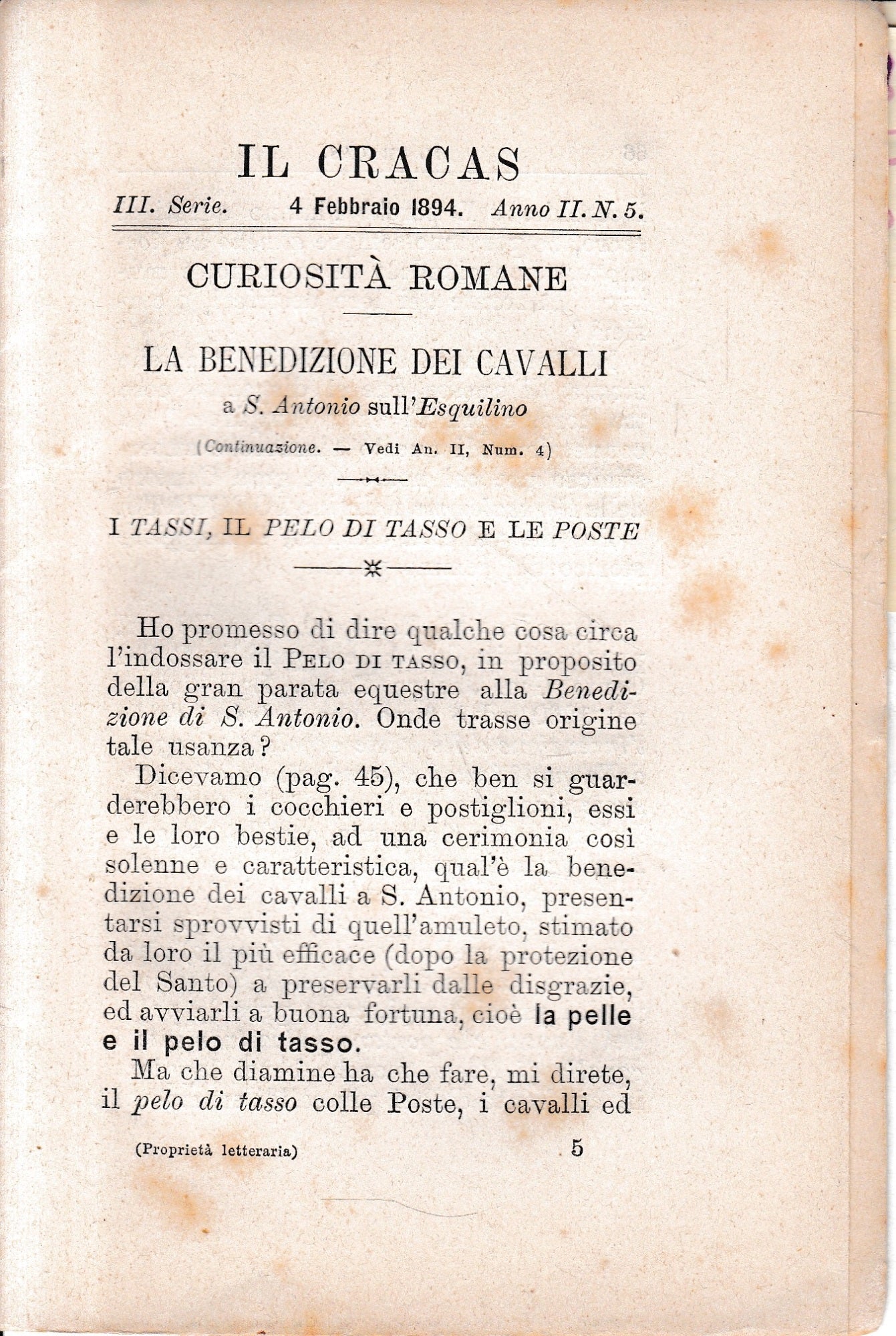 Il Cracas. Diario di Roma. Vol. 1. III serie, 4 Febbraio 1894. Anno II, n. 5 - copertina