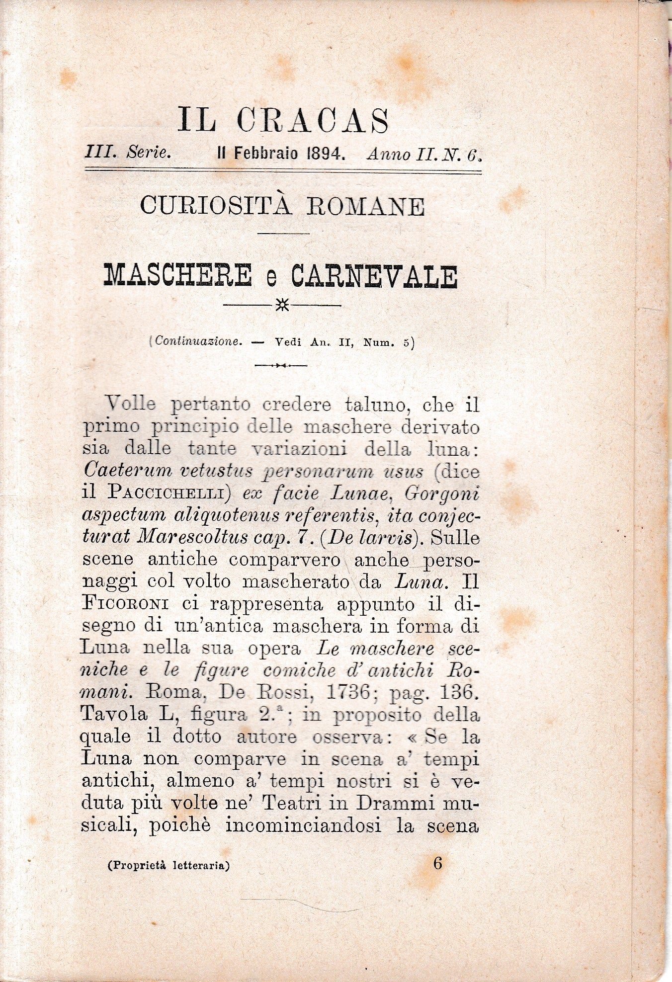 Il Cracas. Diario di Roma. Vol. 1. III serie, 11 Febbraio 1894, anno II, n. 6 - copertina
