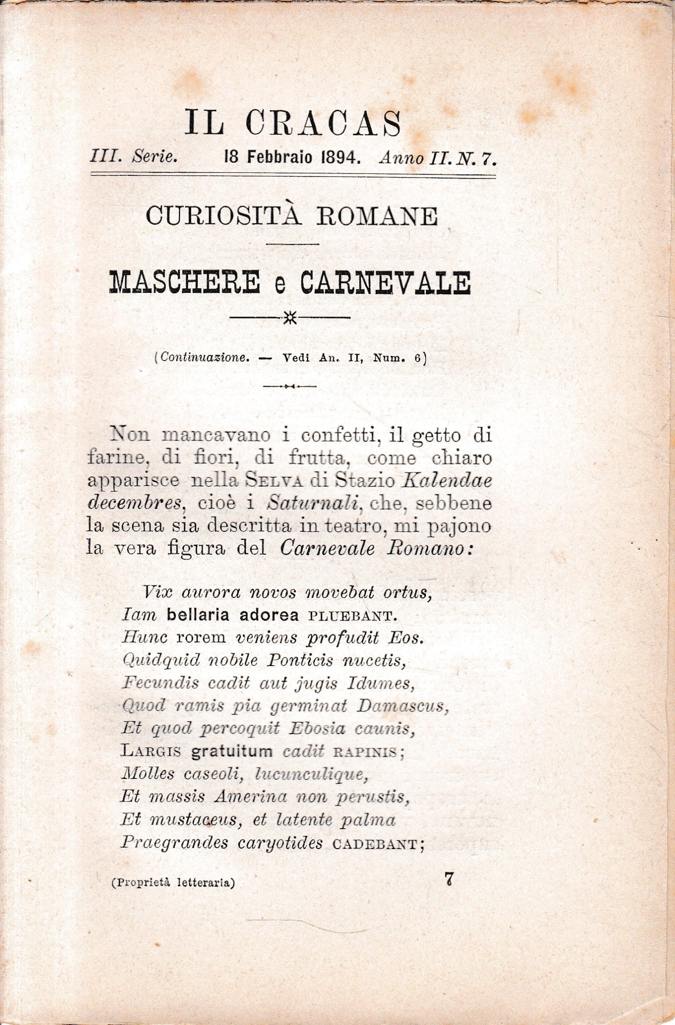 Il Cracas. Diario di Roma. Vol. 1. III serie, 18 Febbraio 1894, anno II, n. 7 - copertina
