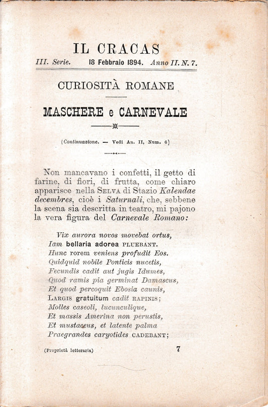 Il Cracas. Diario di Roma. Vol. 1. III serie, 18 Febbraio 1894, anno II, n. 7 - copertina