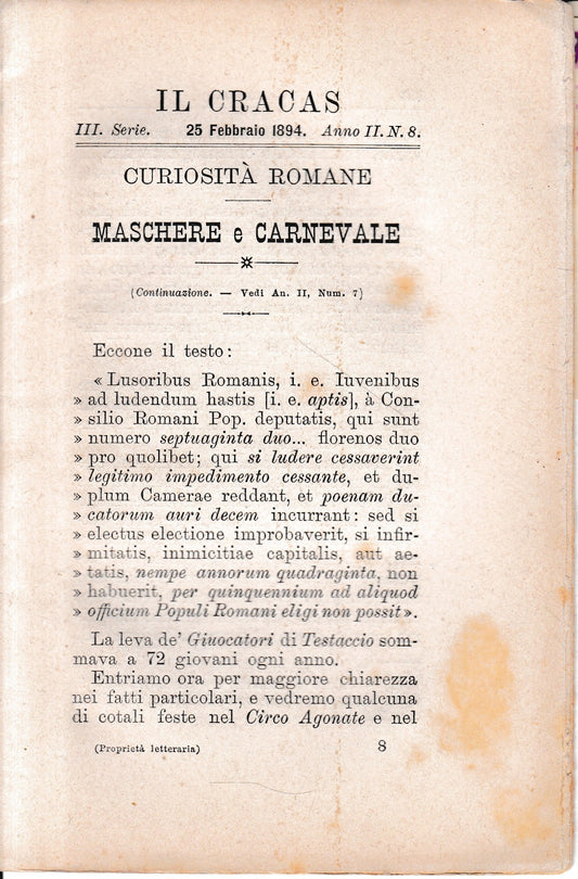 Il Cracas. Diario di Roma. Vol. 1. III serie, 25 Febbraio 1894, anno II, n. 8 - copertina