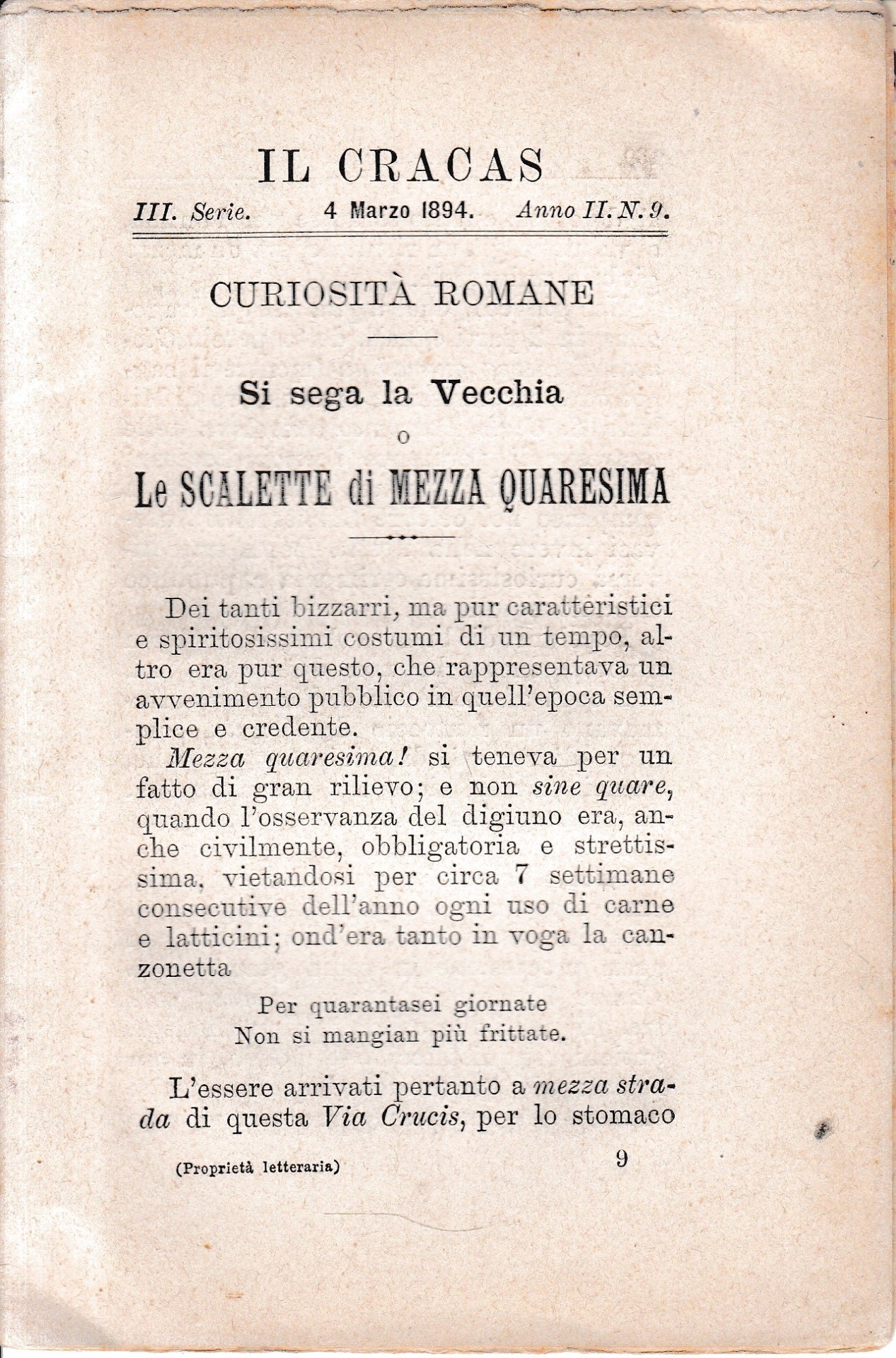 Il Cracas. Diario di Roma. Vol. 1. III serie, 4 Marzo 1894, anno II, n. 9 - copertina