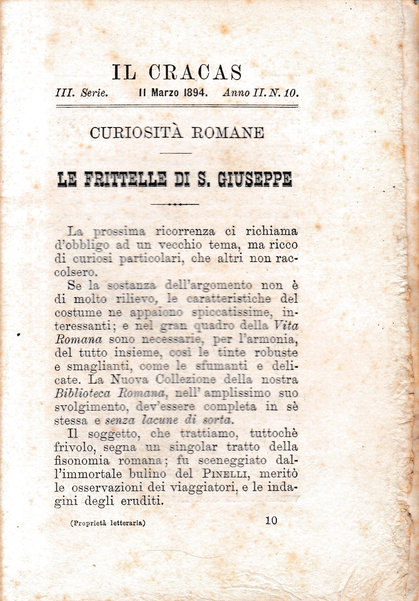 Il Cracas. Diario di Roma. Vol. 1. III serie, 11 Marzo 1894, anno II, n. 10 - copertina
