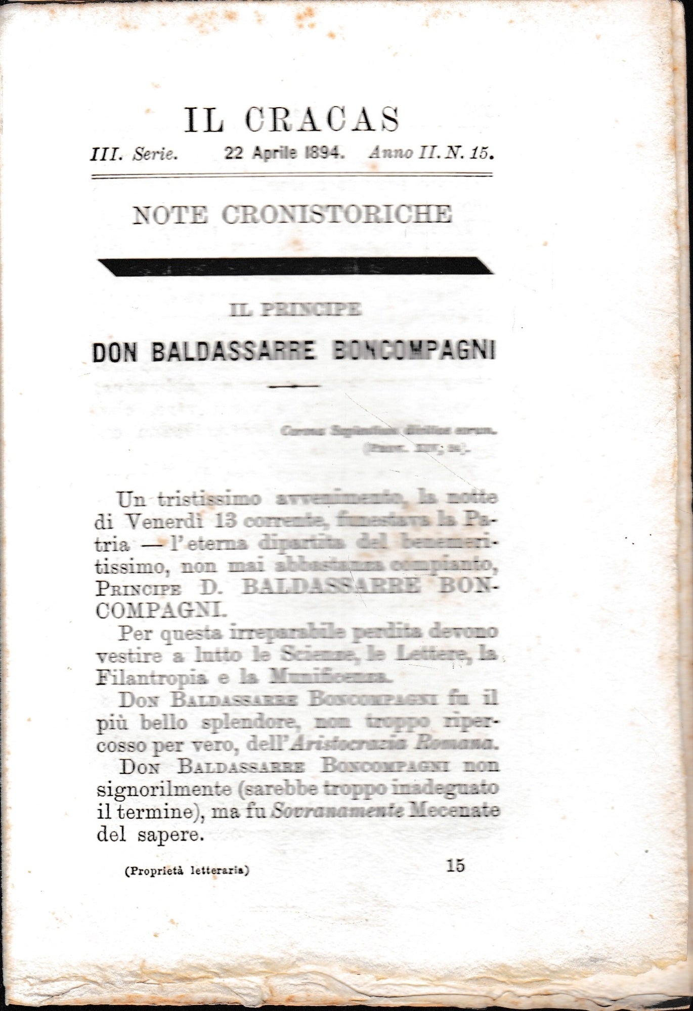 Il Cracas. Diario di Roma. Vol. 2. III serie, 22 Aprile 1894, anno II. n. 15 - copertina
