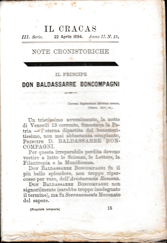 Il Cracas. Diario di Roma. Vol. 2. III serie, 22 Aprile 1894, anno II. n. 15 - copertina