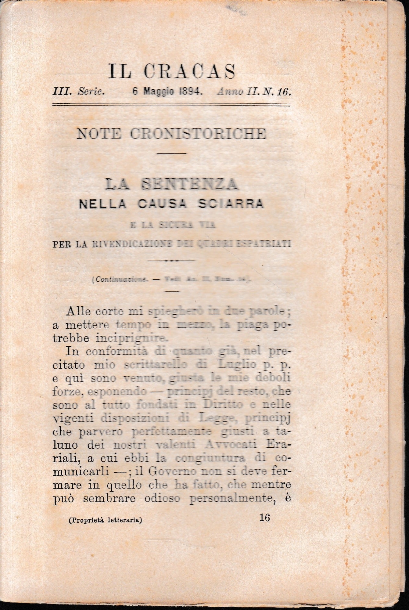 Il Cracas. Diario di Roma. Vol. 2. III serie, 6 Maggio 1894, anno II, n. 16. - copertina