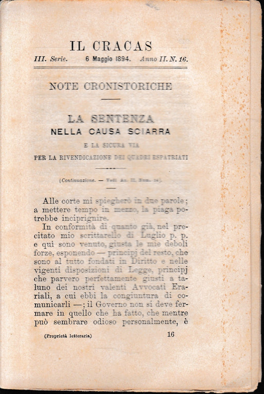 Il Cracas. Diario di Roma. Vol. 2. III serie, 6 Maggio 1894, anno II, n. 16. - copertina