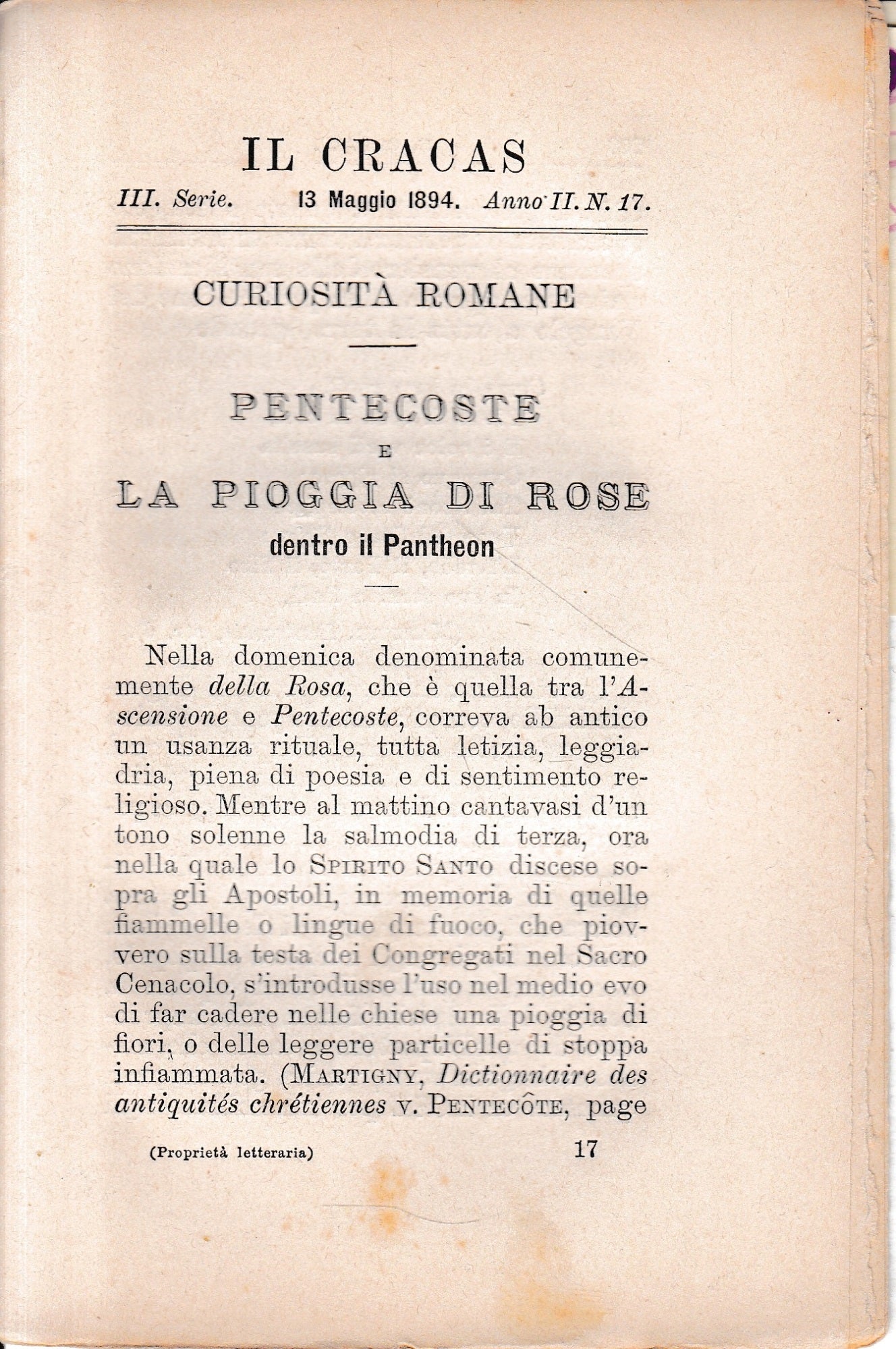 Il Cracas. Diario di Roma. Vol. 2. III serie, 13 Maggio 1894, anno II, n. 17 - copertina