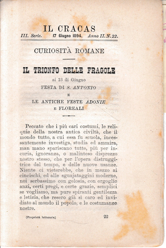 Il Cracas. Diario di Roma. Vol. 2. III serie, 17 Giugno 1894, vol. 2. anno II, n. 22 - copertina