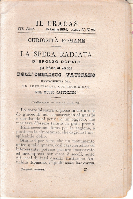 Il Cracas. Diario di Roma. Vol. 3. III serie, 15 Giugno 1894, anno II, n. 25 - copertina