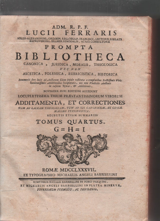 Prompta Bibliotheca. Canonica Juridica, Moralis, Theologica, nec non Ascetica, Polemica, Rubricistica, Historica. (tomus quartus) - copertina