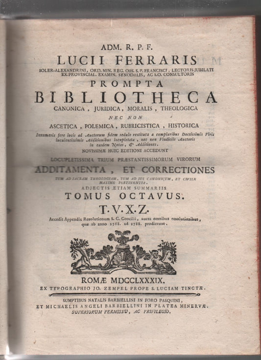 Prompta Bibliotheca. Canonica Juridica, Moralis, Theologica, nec non Ascetica, Polemica, Rubricistica, Historica. (tomus octavus) - copertina