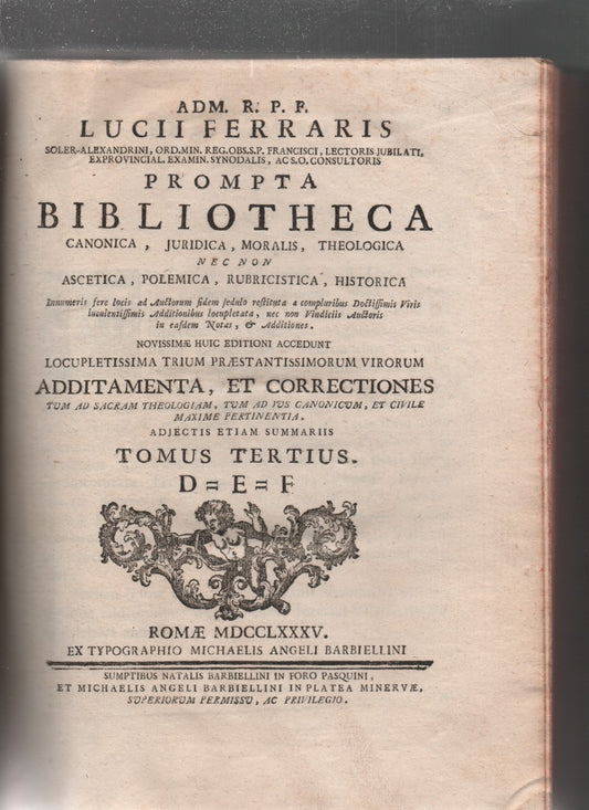 Prompta Bibliotheca. Canonica Juridica, Moralis, Theologica, nec non Ascetica, Polemica, Rubricistica, Historica (tomus tertius) - copertina