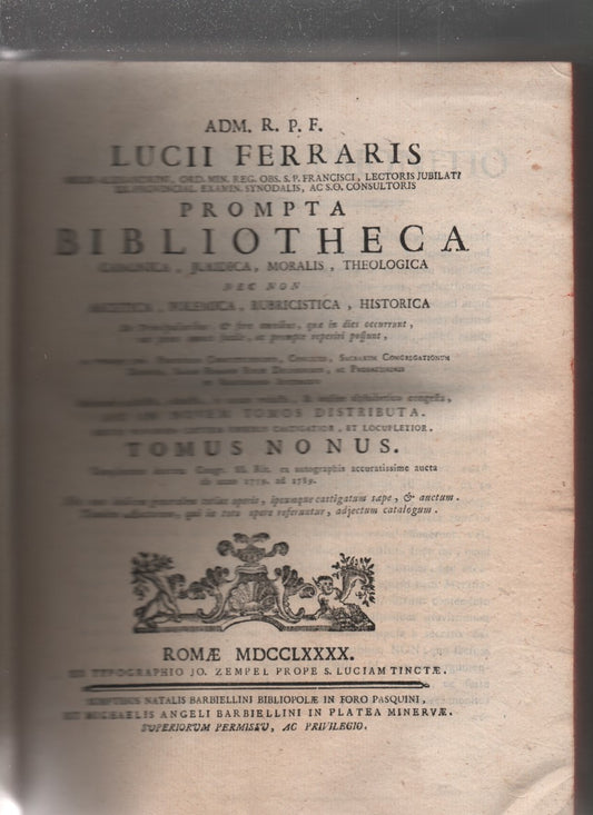 Prompta Bibliotheca. Canonica Juridica, Moralis, Theologica, nec non Ascetica, Polemica, Rubricistica, Historica (tomus nonus). - copertina