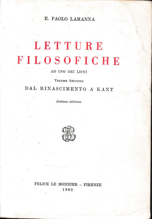 Letture filosofiche, vol. 2°: Dal Rinascimento a Kant - copertina
