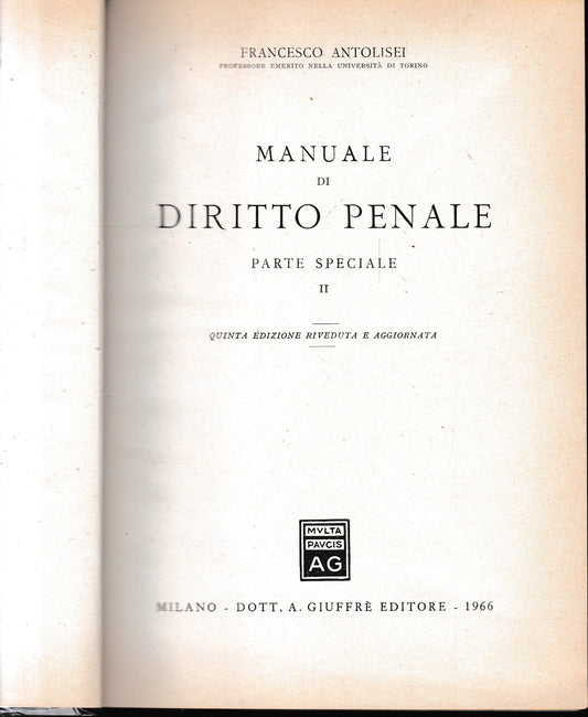 Manuale di Diritto Penale. Parte speciale II. Un volume - copertina