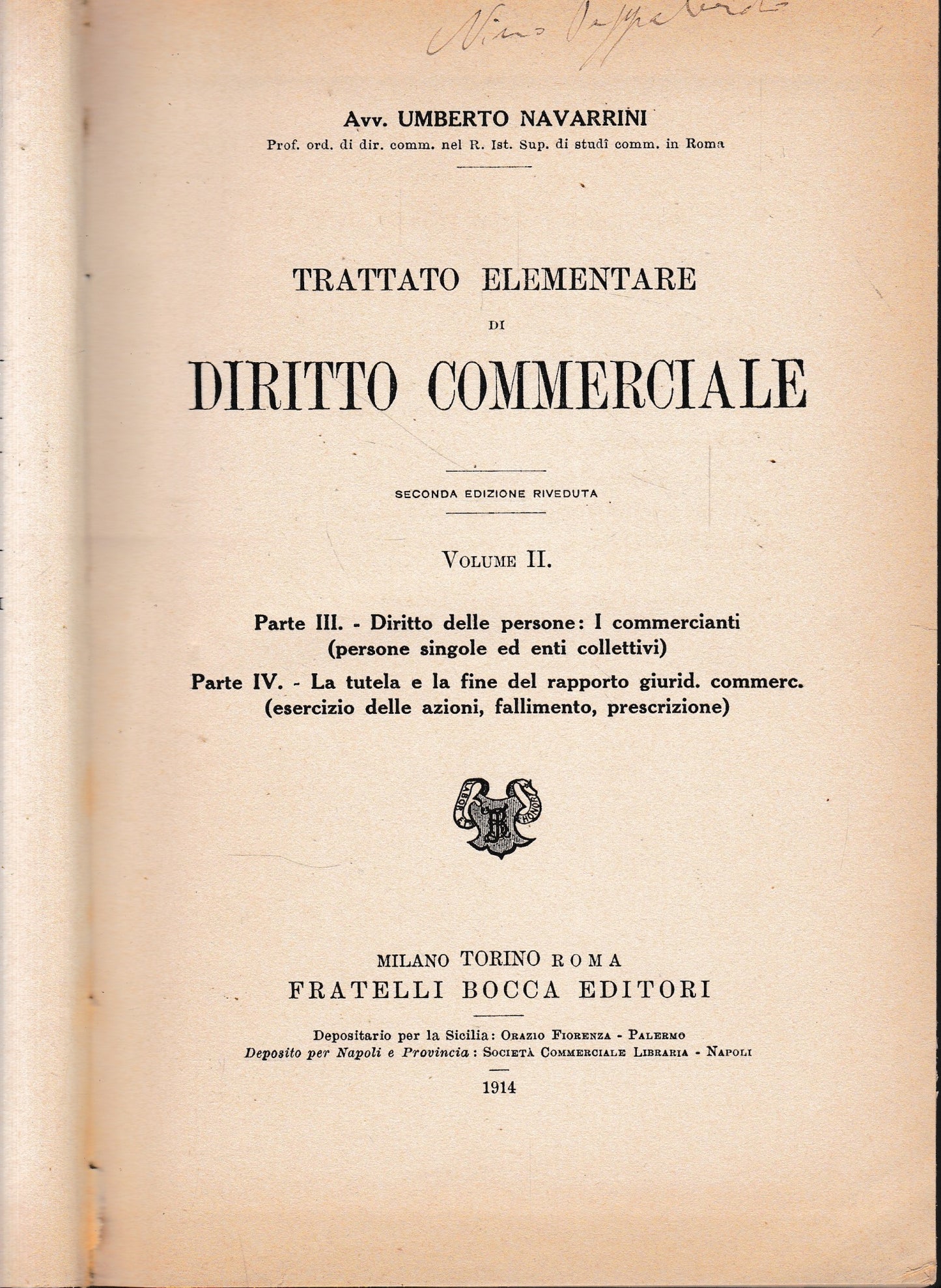 Trattato elementare di Diritto Commerciale, vol. 2° - copertina