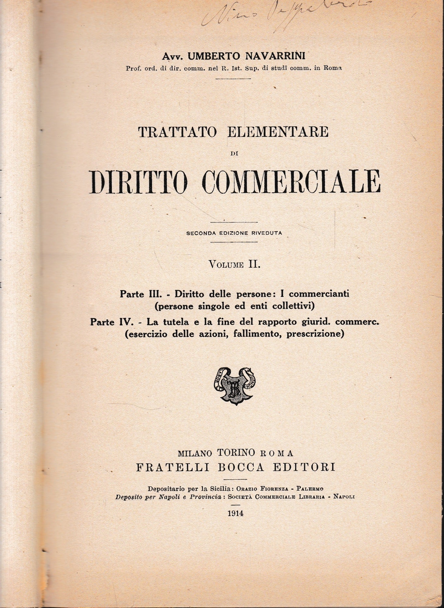 Trattato elementare di Diritto Commerciale, vol. 2° - copertina